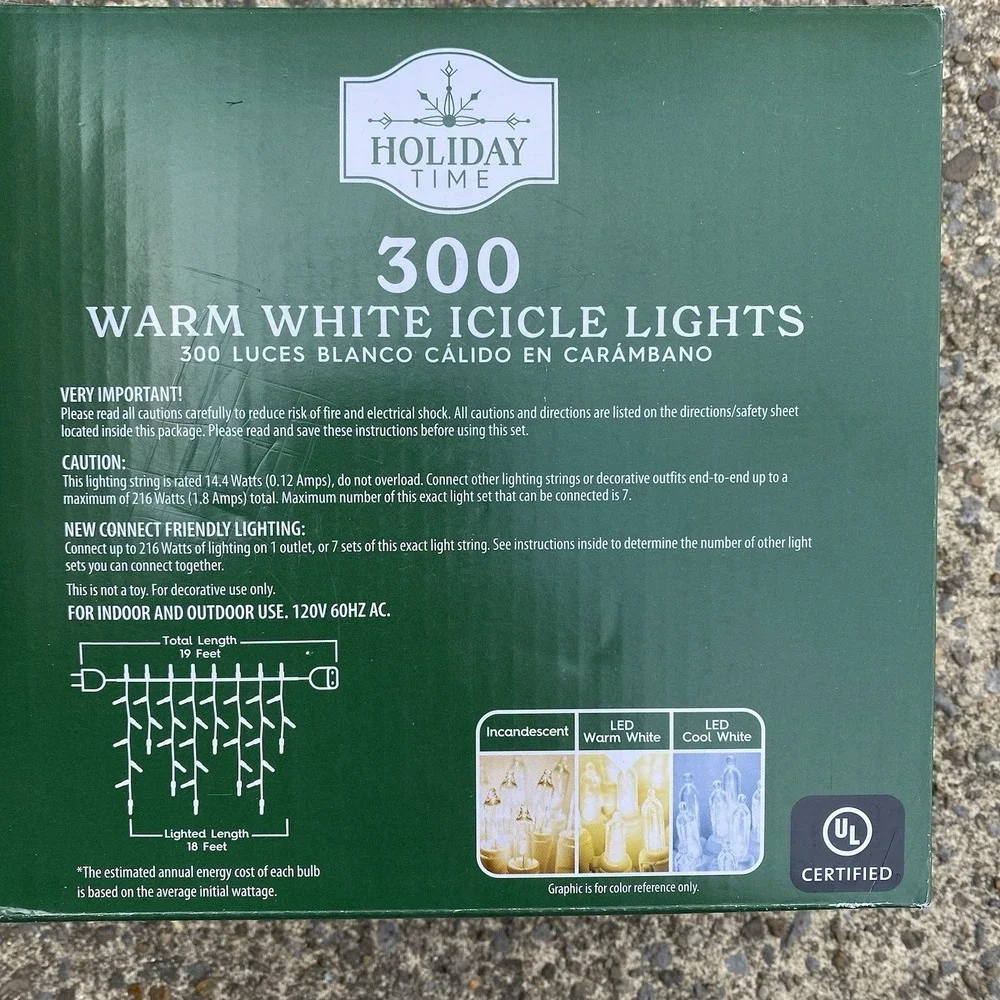 Holiday Time 300-Count Warm White LED Icicle Christmas Lights White Wire 19'